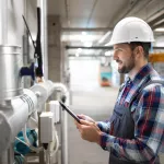 Portrait of an industrial engineer worker in protective uniform and hardhat checking valves and gas installations in factory boiler room.