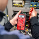 Worker measuring and repairing an electrical system panel in a factory