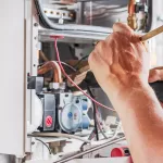 The master sets up a gas boiler, which weighs on the wall. The front dashboard is open. Using a brush and an industrial vacuum cleaner, cleaning from dirt and dirt