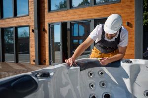 Plumber installing hot tub. Spa technician performing hot tub. Bathtub plumbing. Plumber fixing spa zone. Professional in uniform inspects and prepares a hot tub located on a stylish outdoor patio.