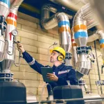 Young Caucasian worker in protective suit tightening the valve and using tablet while standing in heating plant.