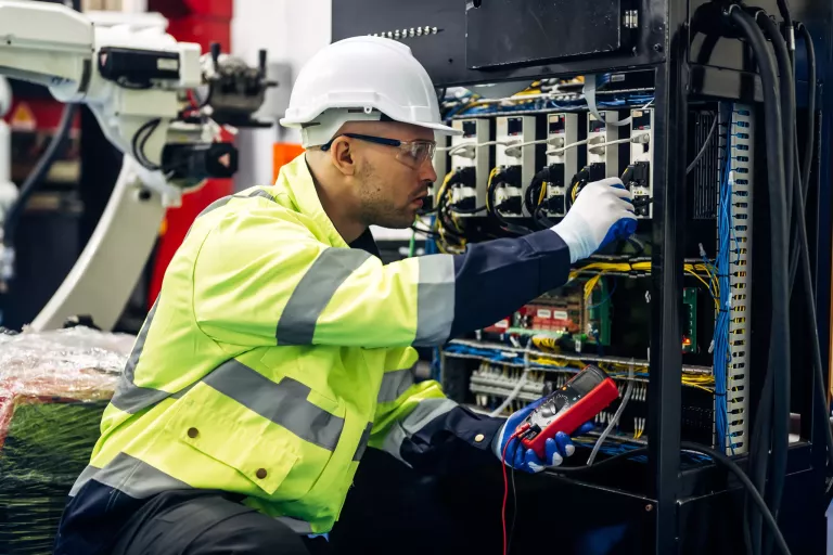 Technician engineer holding robot controller checking and repairing automatic robotic machine at industrial factory, Worker working with robotic arm system in factory