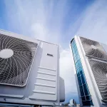 Air conditioners on the roof of an industrial building. HVAC.