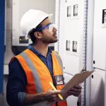 Man, engineering and clipboard in control room, box inspection and machine maintenance. Male electrician, system and electrical substation for power, industrial generator and technician checklist.