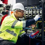 Technician engineer holding robot controller checking and repairing automatic robotic machine at industrial factory, Worker working with robotic arm system in factory